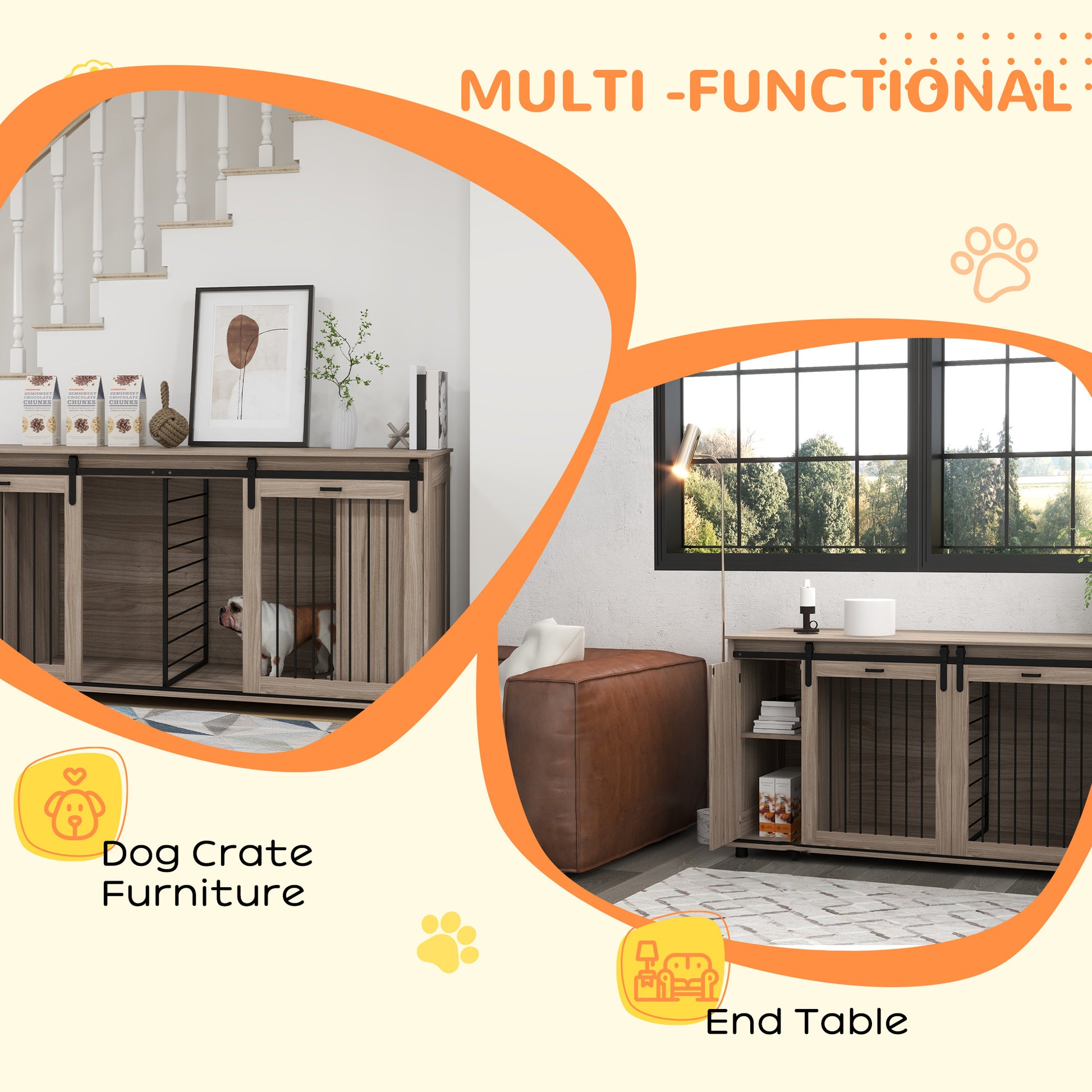 Hollo 71" Dual Crate Console – Walnut Dog Kennel Table with Divider & Storage for 1 or 2 Dogs - JUSTLIVE NESTJUSTLIVE NEST