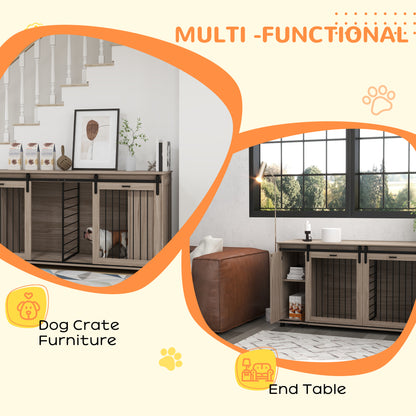 Hollo 71" Dual Crate Console – Walnut Dog Kennel Table with Divider & Storage for 1 or 2 Dogs - JUSTLIVE NESTJUSTLIVE NEST