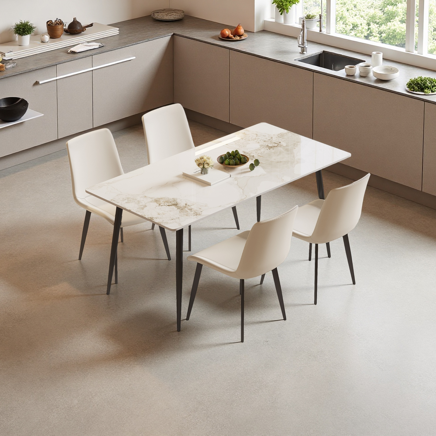 Nuvra 70" Dining Set – Sintered Stone Table with 4 Upholstered Chairs