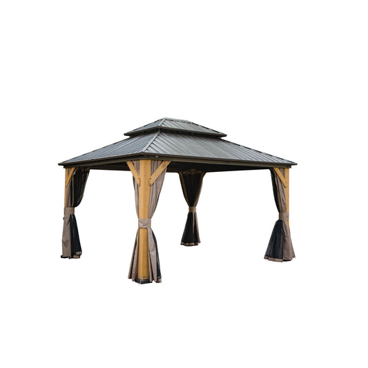 Aurelia 12x14' Cedar Hardtop Gazebo – Galvanized Steel Roof Pavilion with Curtains & Netting (Brown) - JUSTLIVE NESTJUSTLIVE NEST