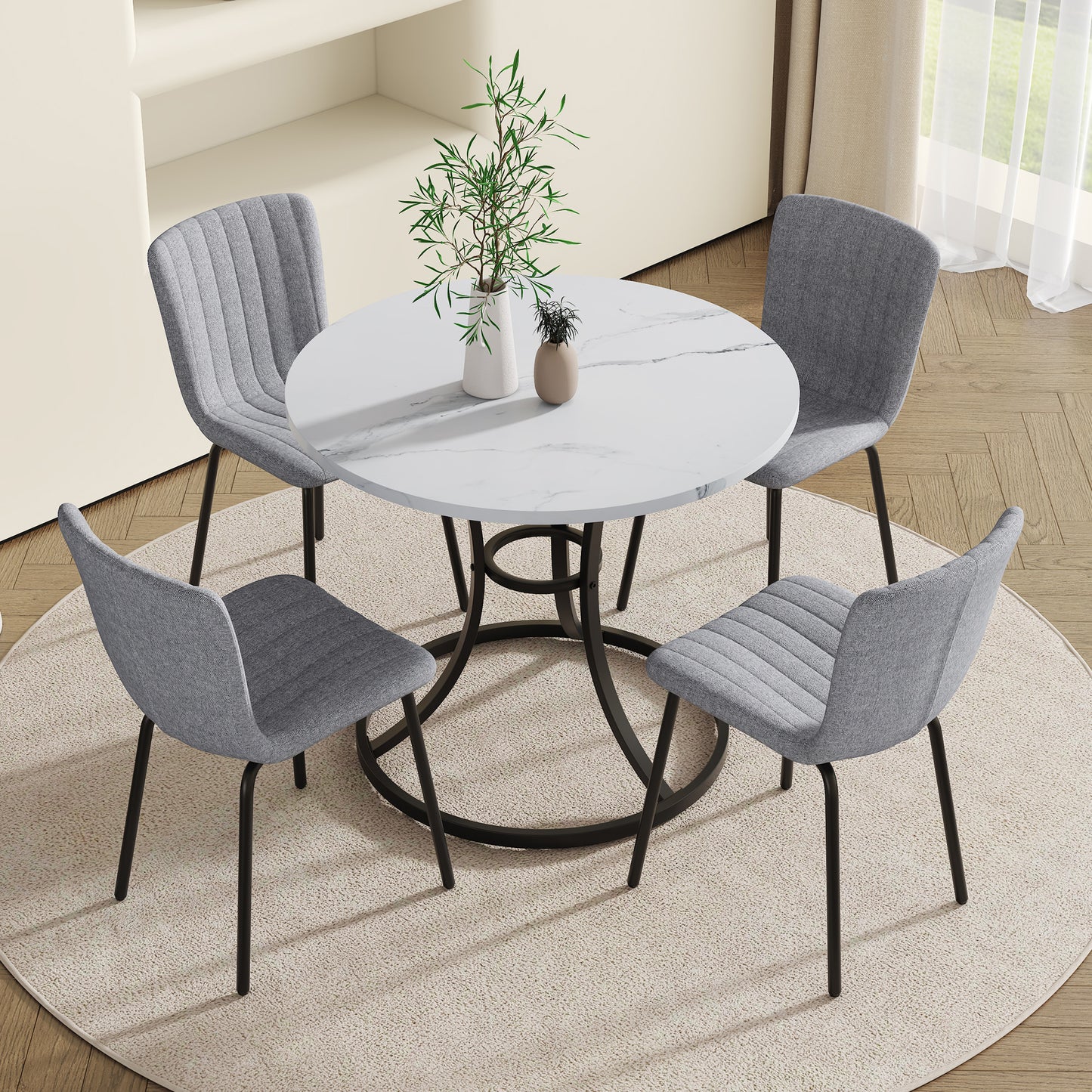 Milo Round 33" Dining Set – Light Gray Linen Chairs & Sleek Table Base