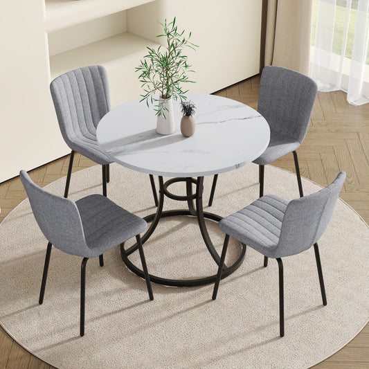 Milo Round 33" Dining Set – Light Gray Linen Chairs & Sleek Table Base