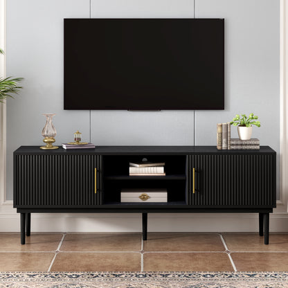 Mirodra Stripe Console – Vertical Slatted Sliding Doors with Wood Legs