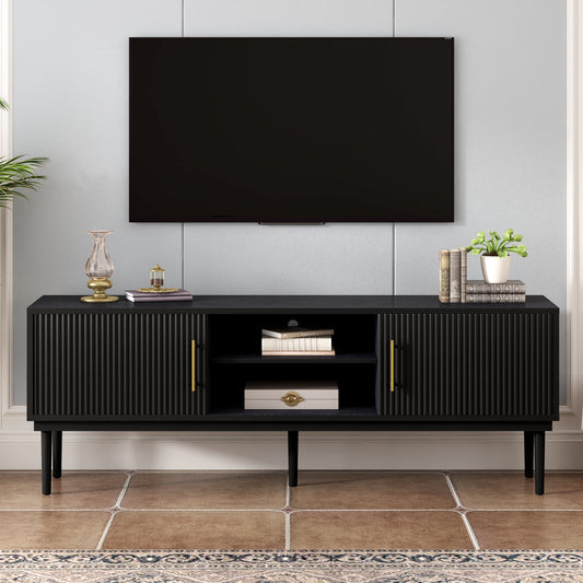 Mirodra Stripe Console – Vertical Slatted Sliding Doors with Wood Legs