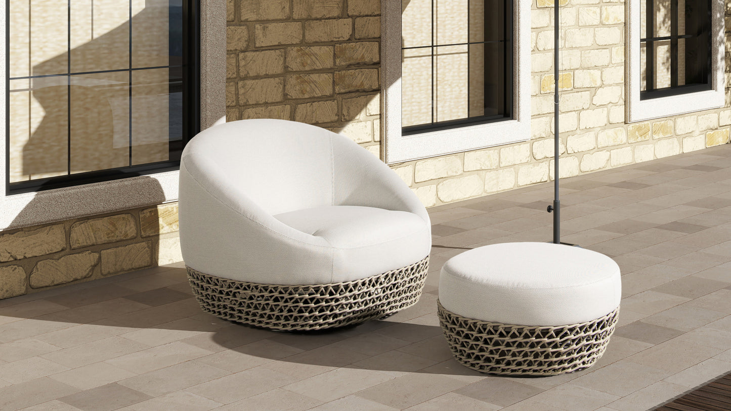 Willow Round Woven Ottoman – Beige Olefin Upholstery, Outdoor Patio Style