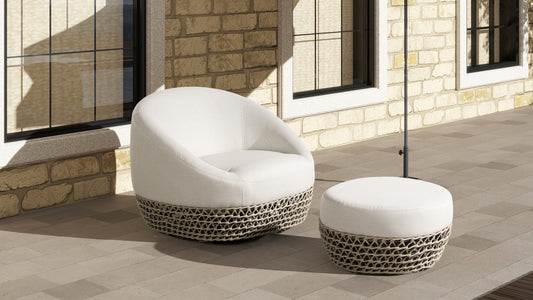 Willow Round Woven Ottoman – Beige Olefin Upholstery, Outdoor Patio Style
