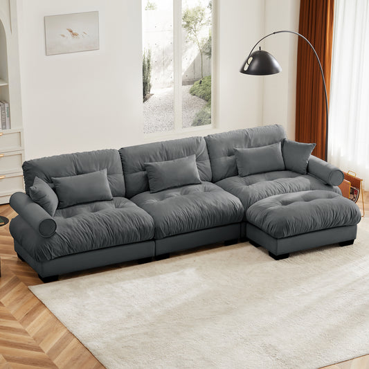 Oversized Velvet Modular Sectional – Grey Deep-Seat L-Shape Sofa with Movable Ottoman & Bolster Arms