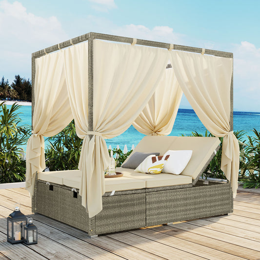U_Style Canopy Sunbed Lounger – Outdoor Daybed with Adjustable Seats & Curtain Enclosure