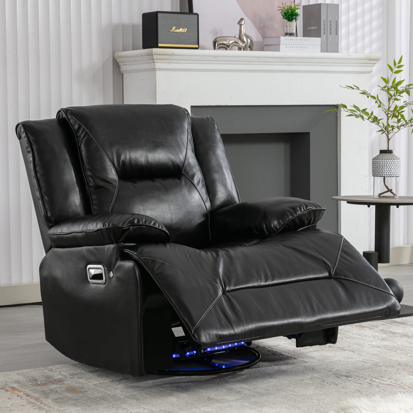 Nestro Glow Recliner – 360° Swivel Manual Theater Chair with Rocker Base & LED Light Strip (Black)