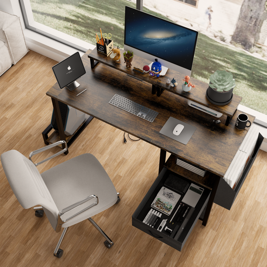 Tavrix Desk – 47'' Rustic Brown Computer Desk with Power, Monitor Riser & File Drawer