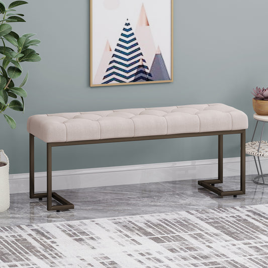 Farlon Tufted Bench – Beige Upholstery with Bronze Base Accents
