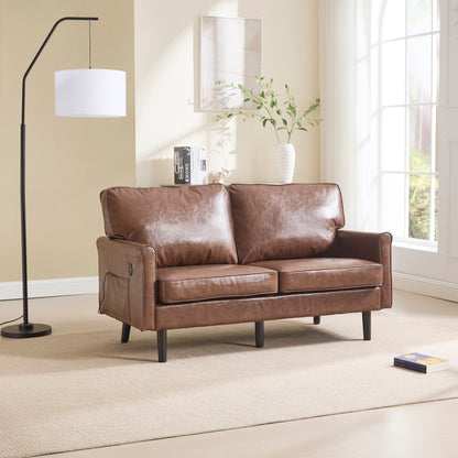 The Coolmore Haven Brown – Stylish PU Loveseat with USB & Removable Cushion Covers