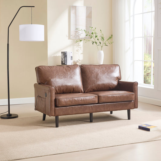 The Coolmore Haven Brown – Stylish PU Loveseat with USB & Removable Cushion Covers