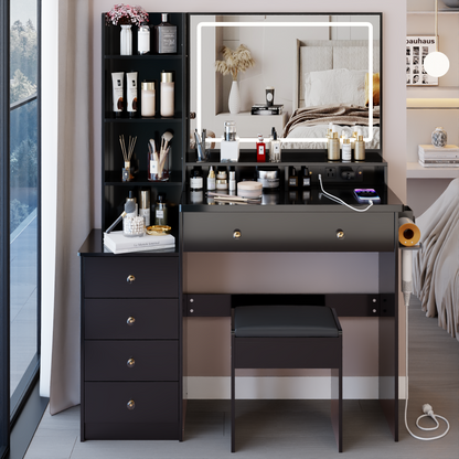 Glowera Luxe LeftSet – 41" Vanity with Side Station, Extra-Large Touch Mirror, USB & AC Ports