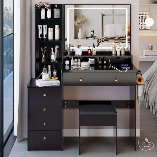 Glowera Luxe LeftSet – 41" Vanity with Side Station, Extra-Large Touch Mirror, USB & AC Ports