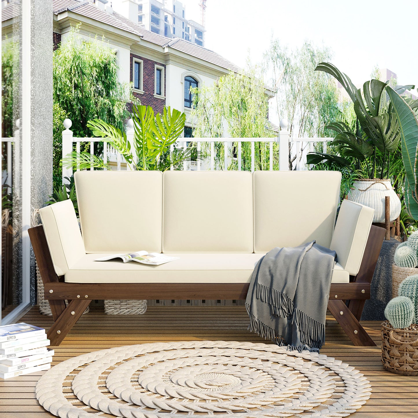 Vaxa Daybed – Brown Wood Adjustable Chaise for Small Spaces (Beige Cushion)