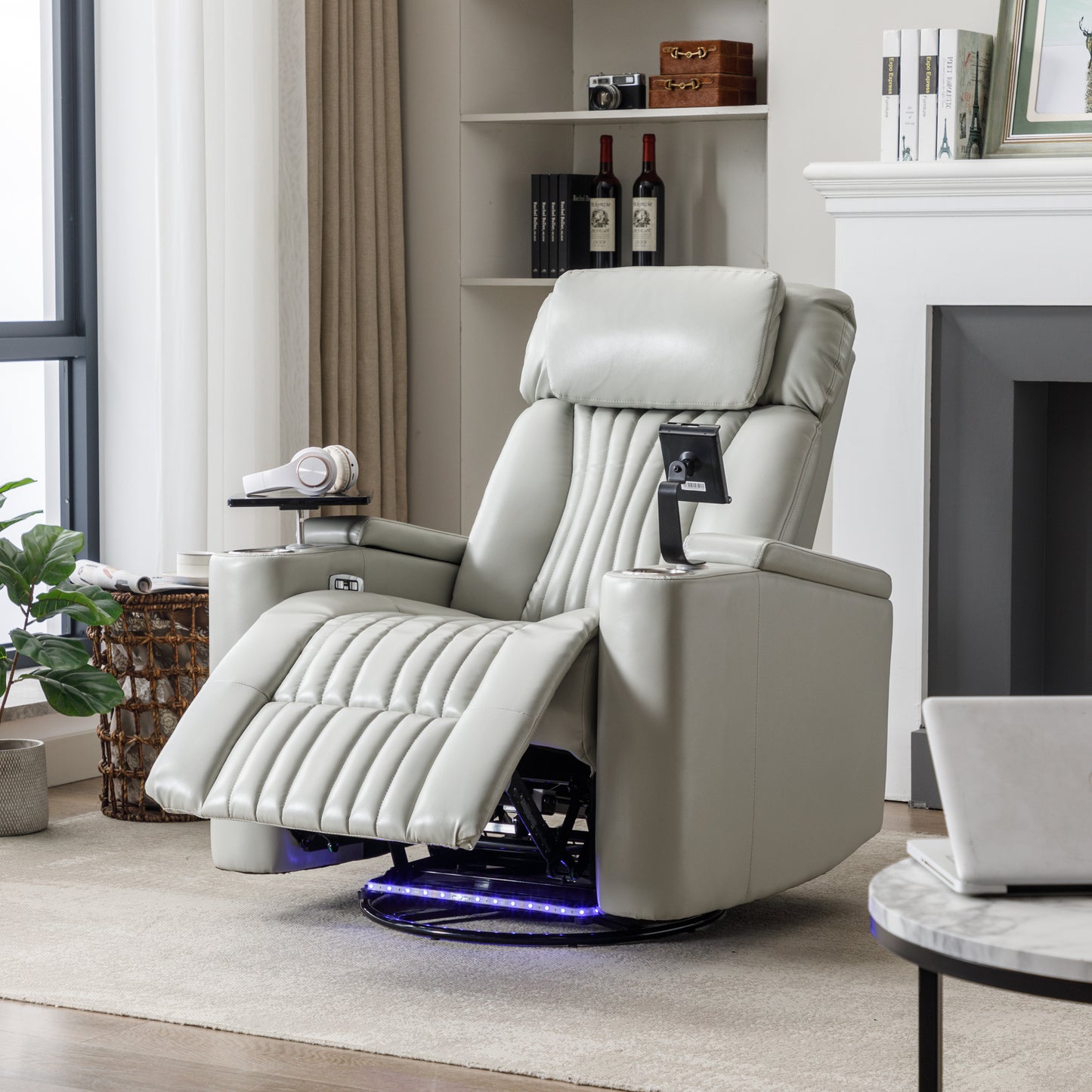 Aureon Nova Recliner – 270° Power Swivel Theater Chair with LED Lights, Tray Table & Hidden Storage (Grey)