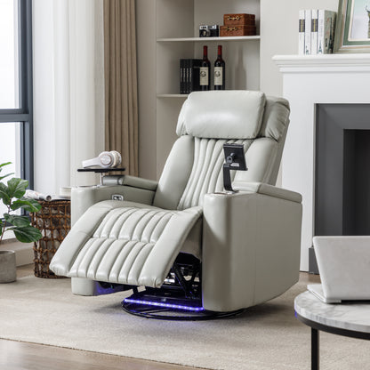 Aureon Nova Recliner – 270° Power Swivel Theater Chair with LED Lights, Tray Table & Hidden Storage (Grey)