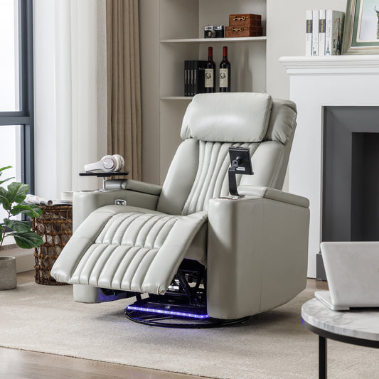 Aureon Nova Recliner – 270° Power Swivel Theater Chair with LED Lights, Tray Table & Hidden Storage (Grey)