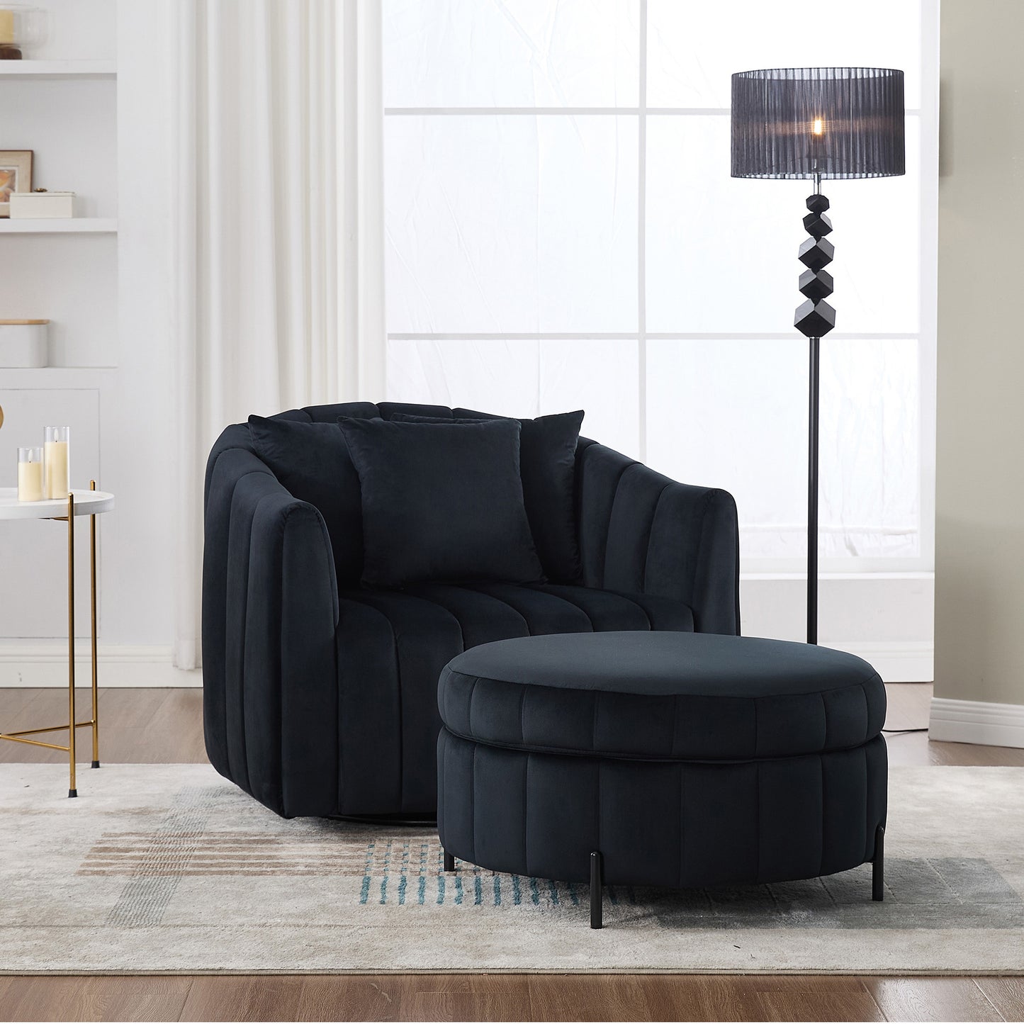Solvara™ 40' Black Swivel Barrel Chair – Oversized Tufted Velvet Lounge Seat with Ottoman & Accent Pillows