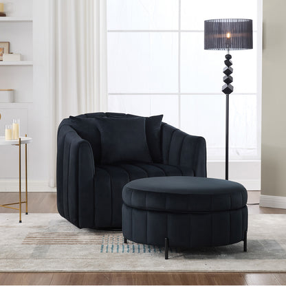 Solvara™ 40' Black Swivel Barrel Chair – Oversized Tufted Velvet Lounge Seat with Ottoman & Accent Pillows