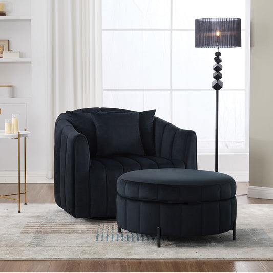 Solvara™ 40' Black Swivel Barrel Chair – Oversized Tufted Velvet Lounge Seat with Ottoman & Accent Pillows
