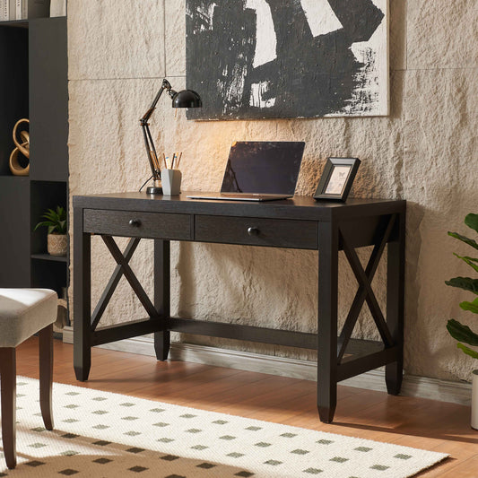 Braylin X-Desk – Wooden Frame Desk with Two Drawers and X-Brace Legs