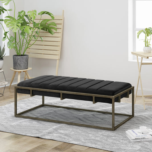 Arwin Velvet Ottoman Bench – Black with Brass Finish Accent Base