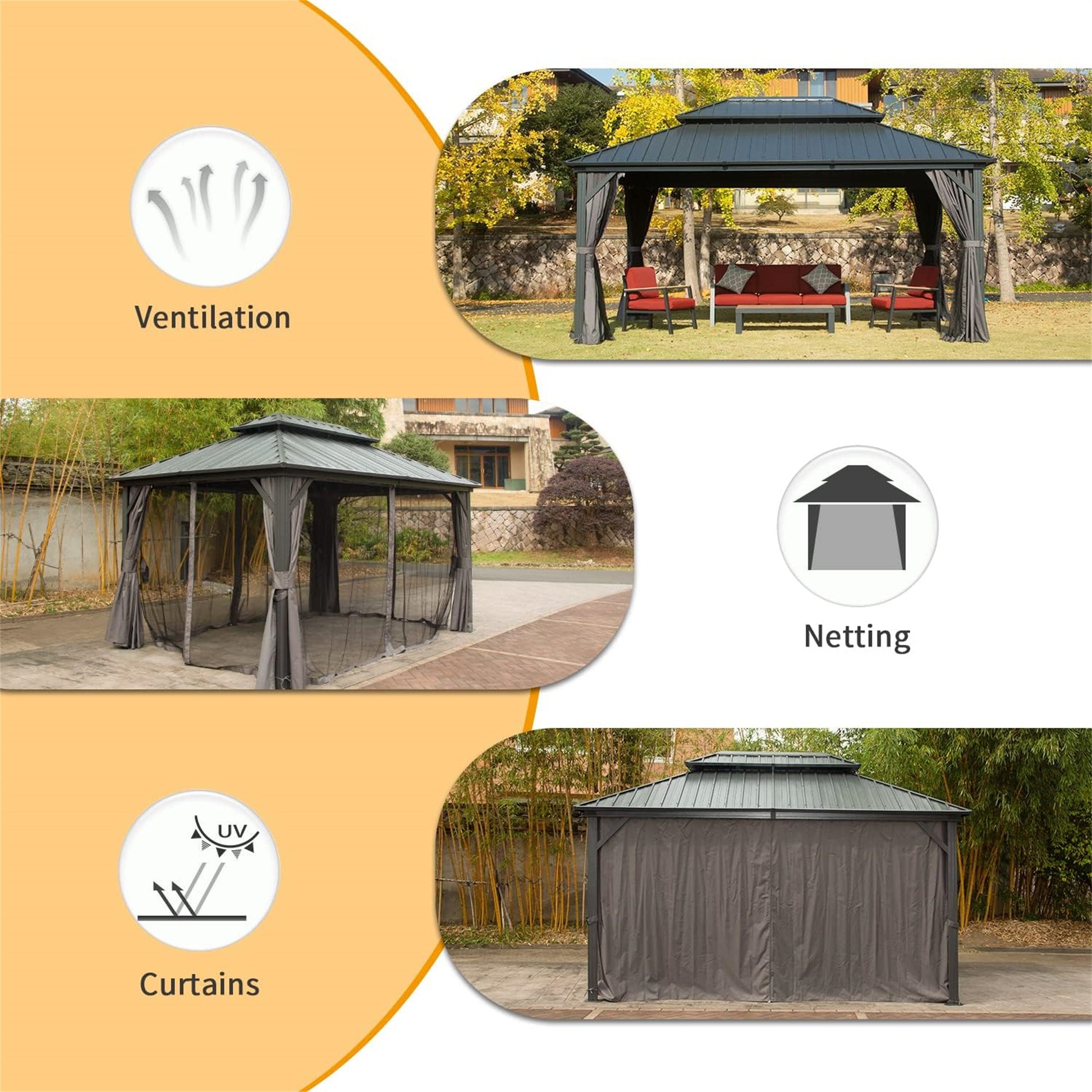 Aurelia 10x14' Metal Gazebo – Galvanized Steel Roof Canopy with Full Curtains & Netting - JUSTLIVE NESTJUSTLIVE NEST