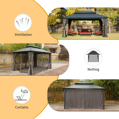Aurelia 10x14' Metal Gazebo – Galvanized Steel Roof Canopy with Full Curtains & Netting - JUSTLIVE NESTJUSTLIVE NEST