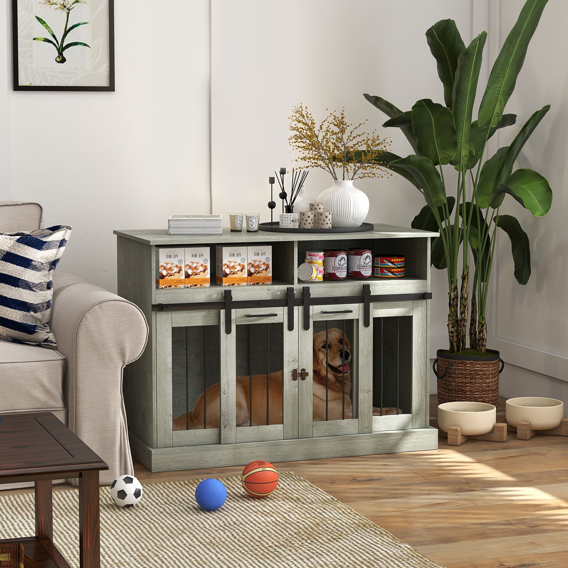 Hollo 47" Dual Dog Crate – Gray Sliding Door Kennel with Shelves for Large or 2 Small Dogs - JUSTLIVE NESTJUSTLIVE NEST
