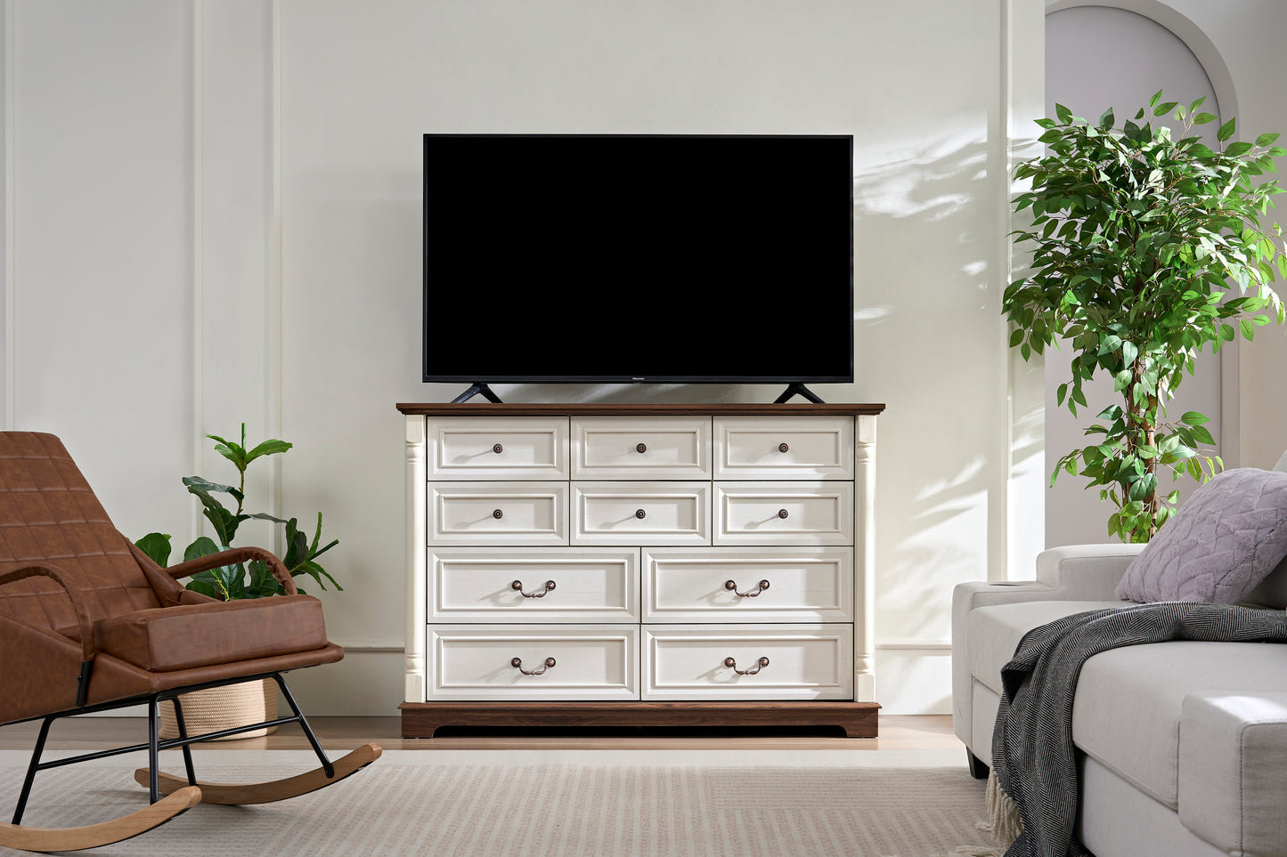 Farmessa 10-Tier Organizer – Rustic Wood Dresser Chest with Riser Trim & Base, Taupe-Brown Finish