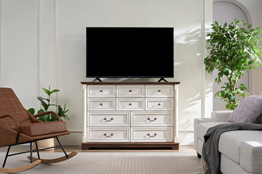 Farmessa 10-Tier Organizer – Rustic Wood Dresser Chest with Riser Trim & Base, Taupe-Brown Finish