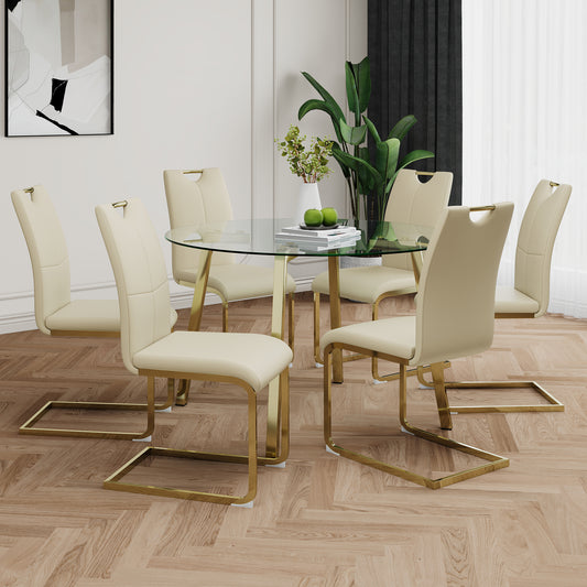 Avera 7-Piece Glass Round Dining Set – Pale Yellow PU Chairs with Gold Legs, Transparent Tabletop