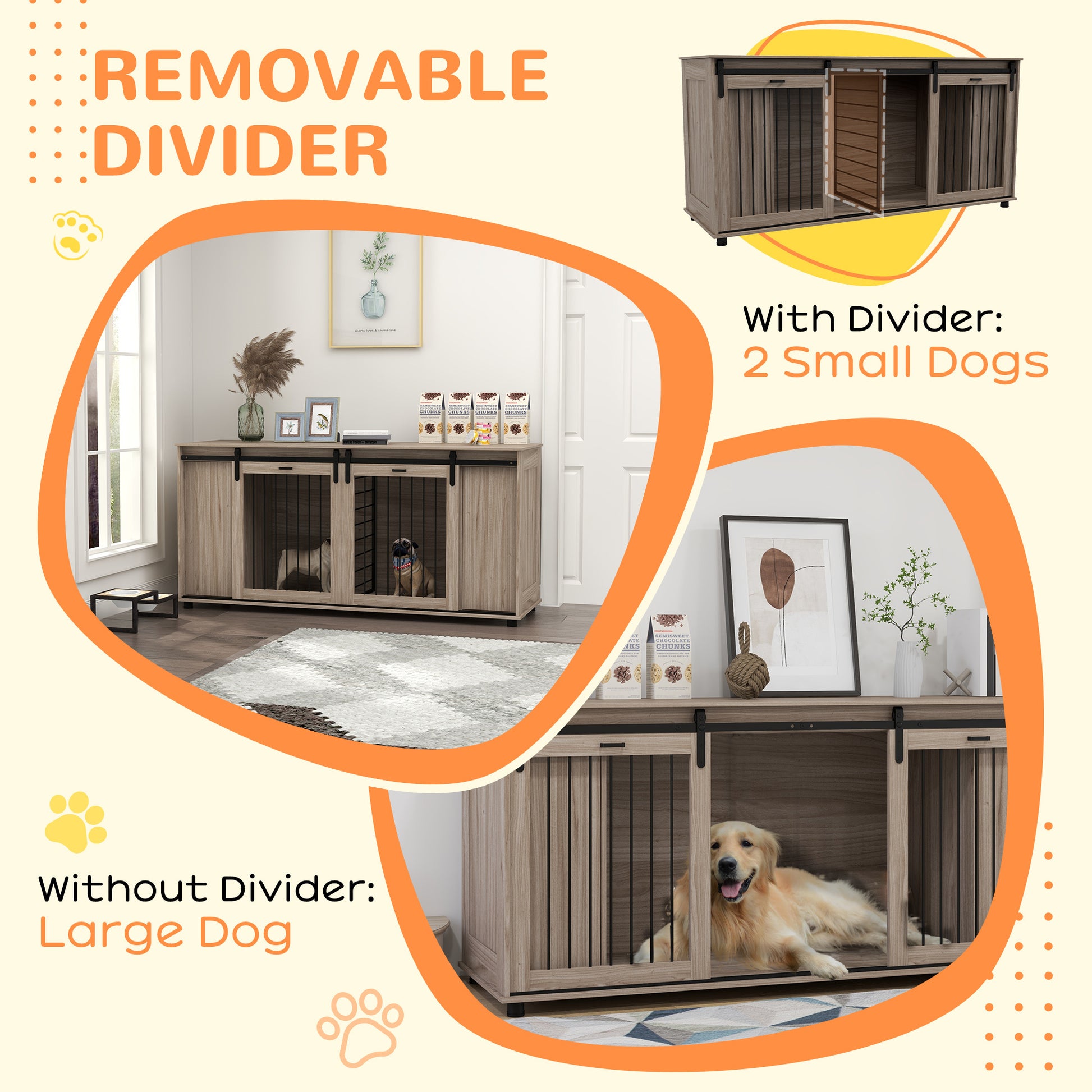 Hollo 71" Dual Crate Console – Walnut Dog Kennel Table with Divider & Storage for 1 or 2 Dogs - JUSTLIVE NESTJUSTLIVE NEST