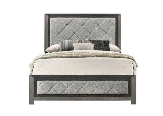 Jehorin King Bed – Gray Linen Upholstered Eastern King with Wood Trim Finish