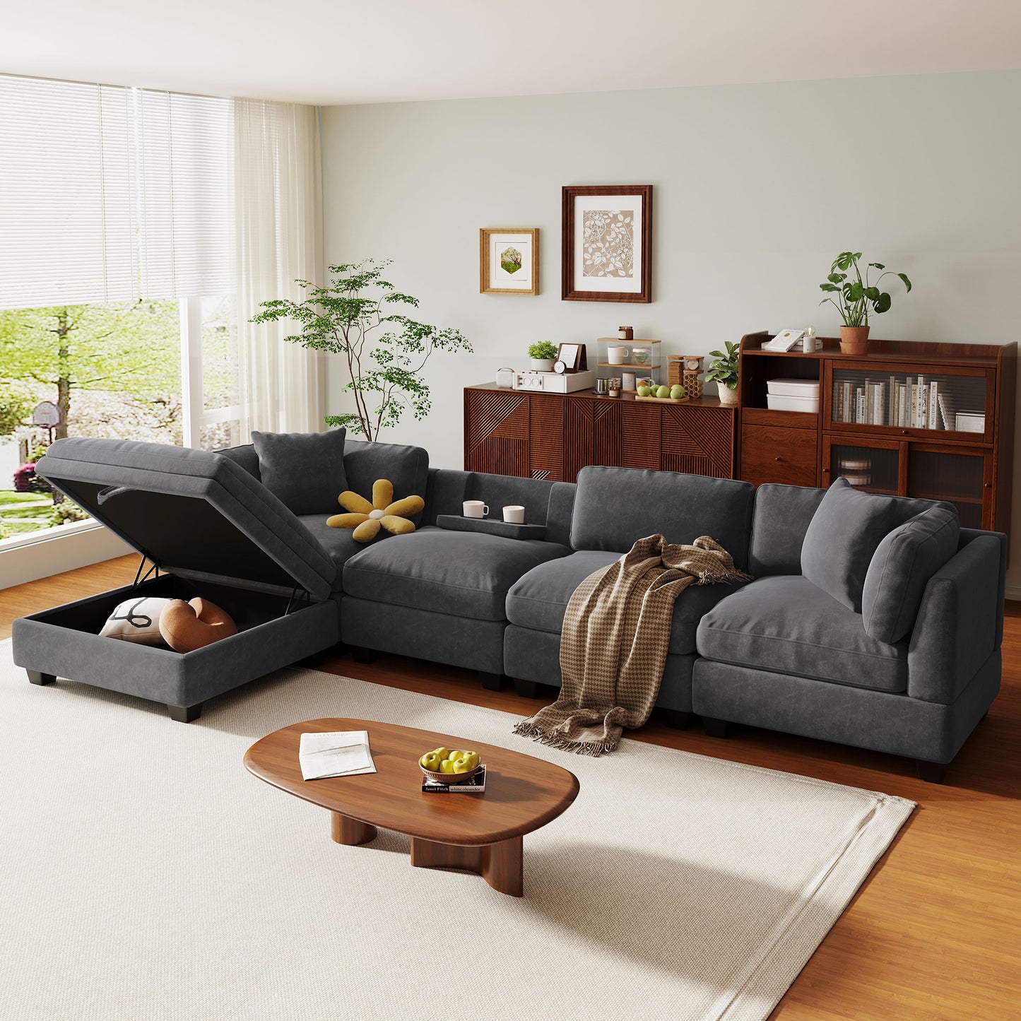5-Seat Modular Lounge – Upholstered Sofa with Storage Ottoman & Hidden Cup Holders