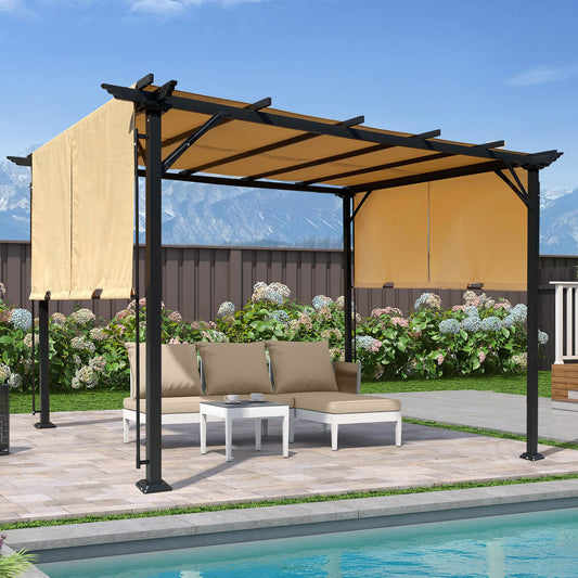 Valano 9.5x12' Retractable Pergola – Khaki Steel Frame Shade with Sliding Canopy for Garden or Terrace
