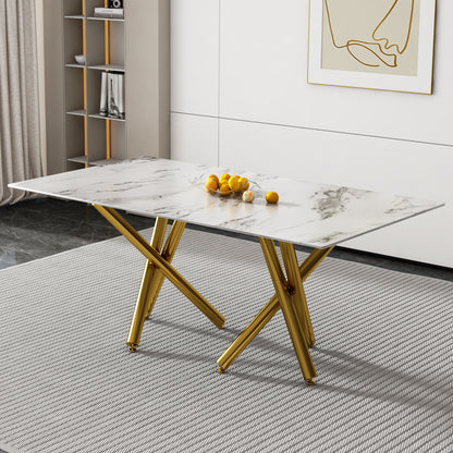 Fayno Glass Dining Table – 63'' Faux Marble Top with Gold Metal Legs