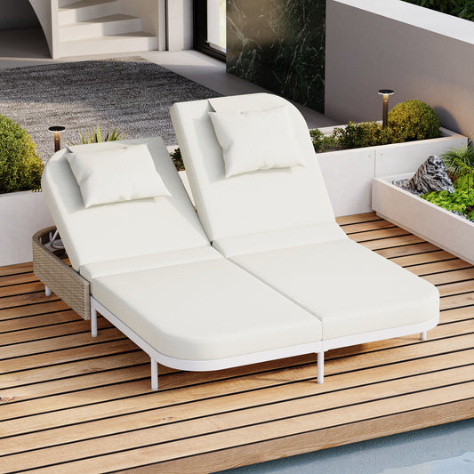 TREXM 5-Position Rattan Daybed – White Frame Outdoor Loveseat with Cushions & Pillows for Garden or Poolside