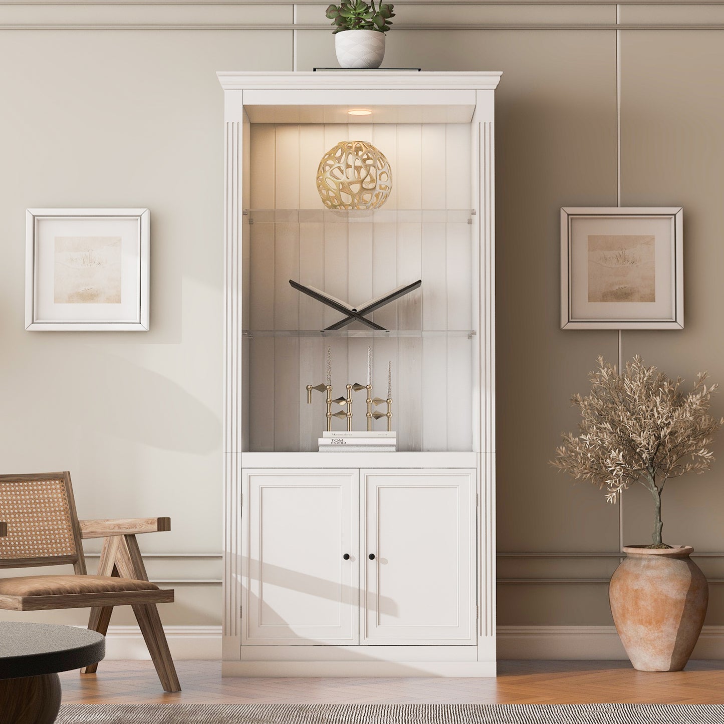 Luntra Glow Solo – 78.75" Single Retro White Bookcase with LED & Glass Shelves