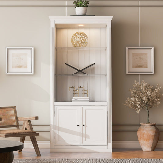 Luntra Glow Solo – 78.75" Single Retro White Bookcase with LED & Glass Shelves