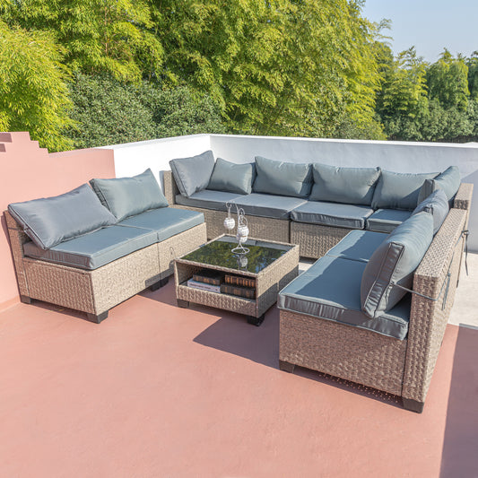 Solvara 9-Piece Boho Sectional – All-Weather Gray Outdoor Sofa Set with Thick Water-Resistant Cushions