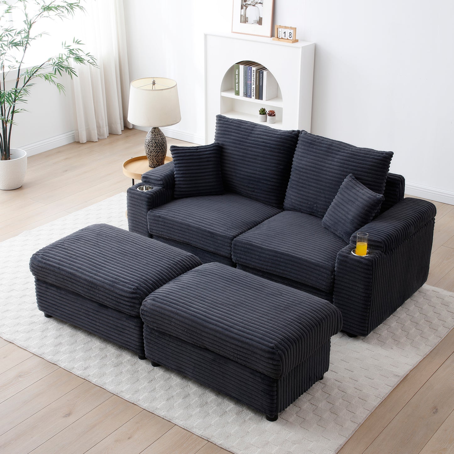 Monaco Grey Comfort – Modern Corduroy Loveseat with Ottomans & Cozy Pillows