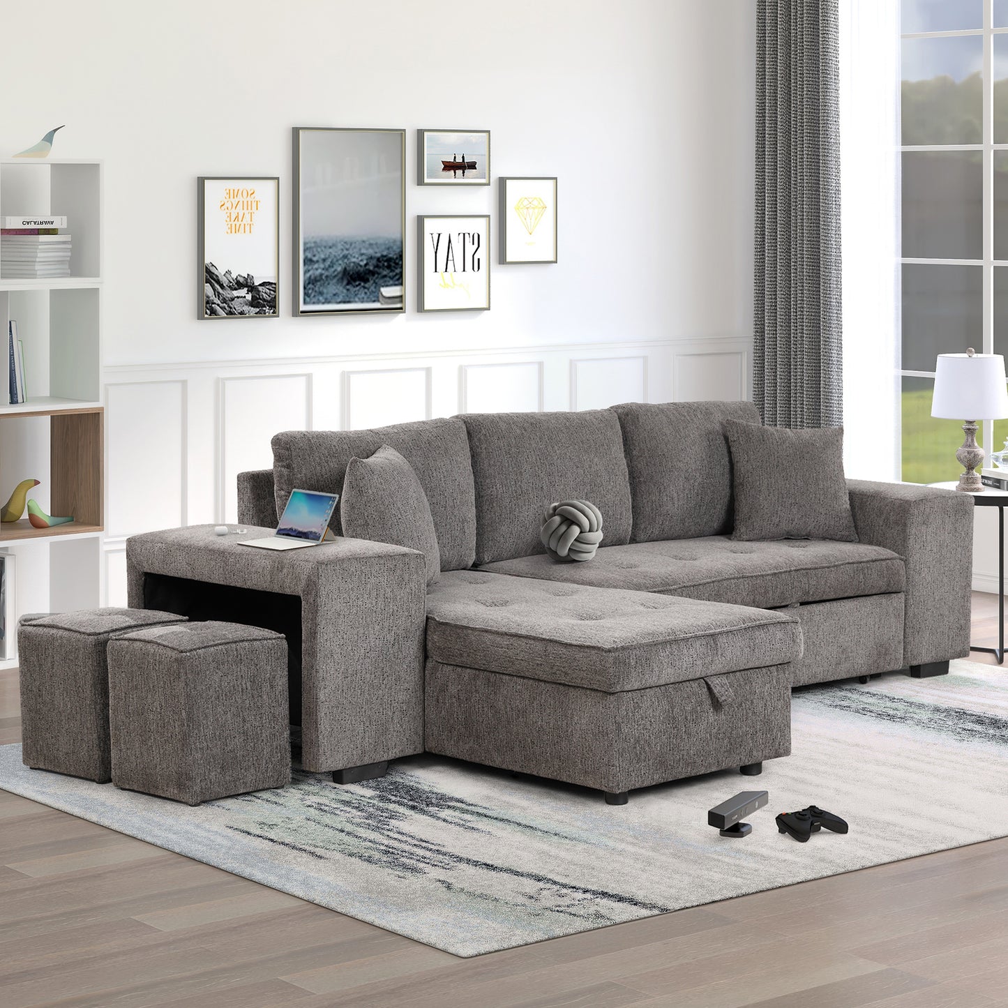 JUSTLIVE NEST® Knorix Reversible Sectional – 3-Seater Pull-Out Sleeper with Storage Chaise & Dual Stools, Knox Charcoal (104.5")