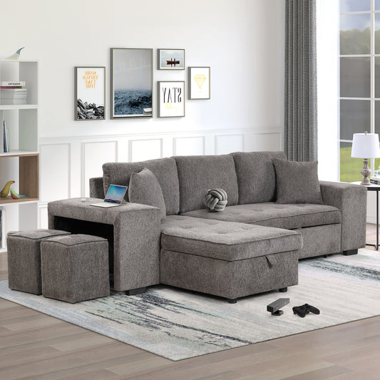 JUSTLIVE NEST® Knorix Reversible Sectional – 3-Seater Pull-Out Sleeper with Storage Chaise & Dual Stools, Knox Charcoal (104.5")