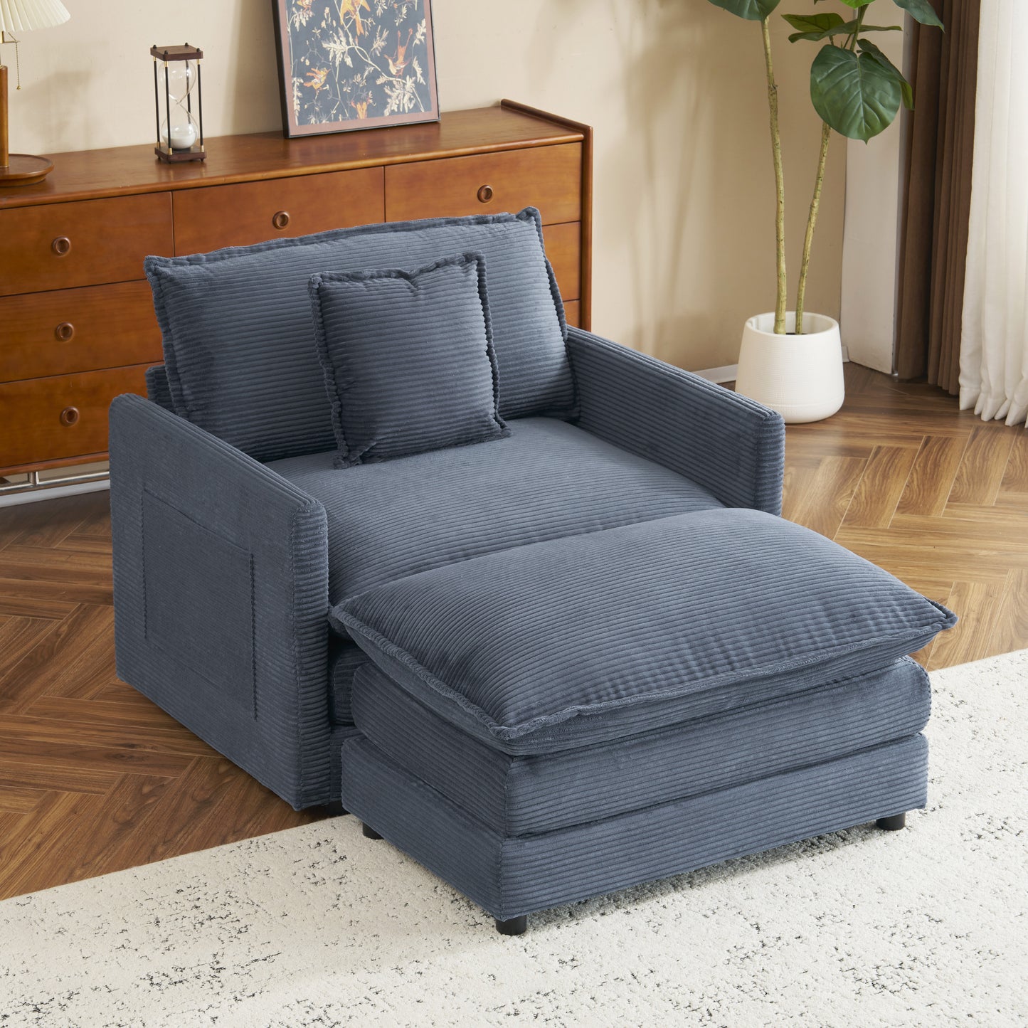 41' Modular Lounge Seat – Plush Corduroy Sofa Module with Hidden Side Storage (Blue)