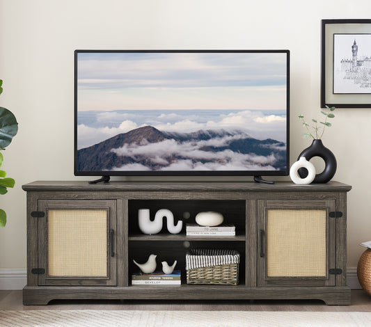 Ravica Rattan Console – 65" Gray TV Stand with Natural Woven Doors