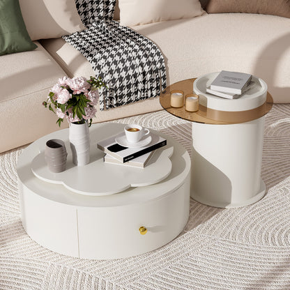 U-Can Bloom Table Set – 2-Piece Round Coffee Set with Rotating FlowerTop, Dual Drawers, and Glass Accent
