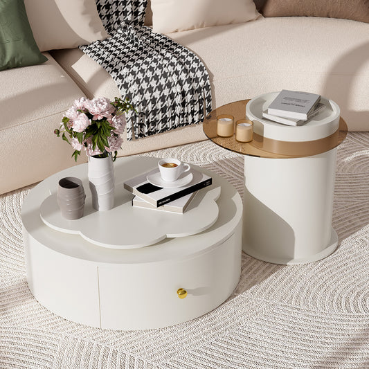 U-Can Bloom Table Set – 2-Piece Round Coffee Set with Rotating FlowerTop, Dual Drawers, and Glass Accent